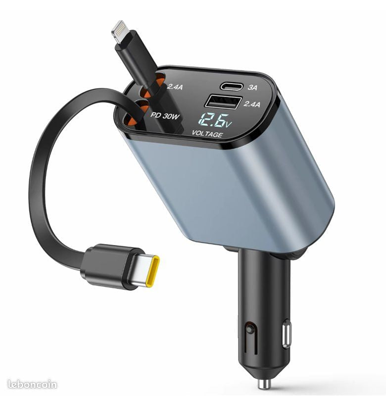 ⚡ CHARGEUR VOITURE RAPIDE 30W AVEC CÂBLES INTÉGRÉS TYPE-C & iPhone