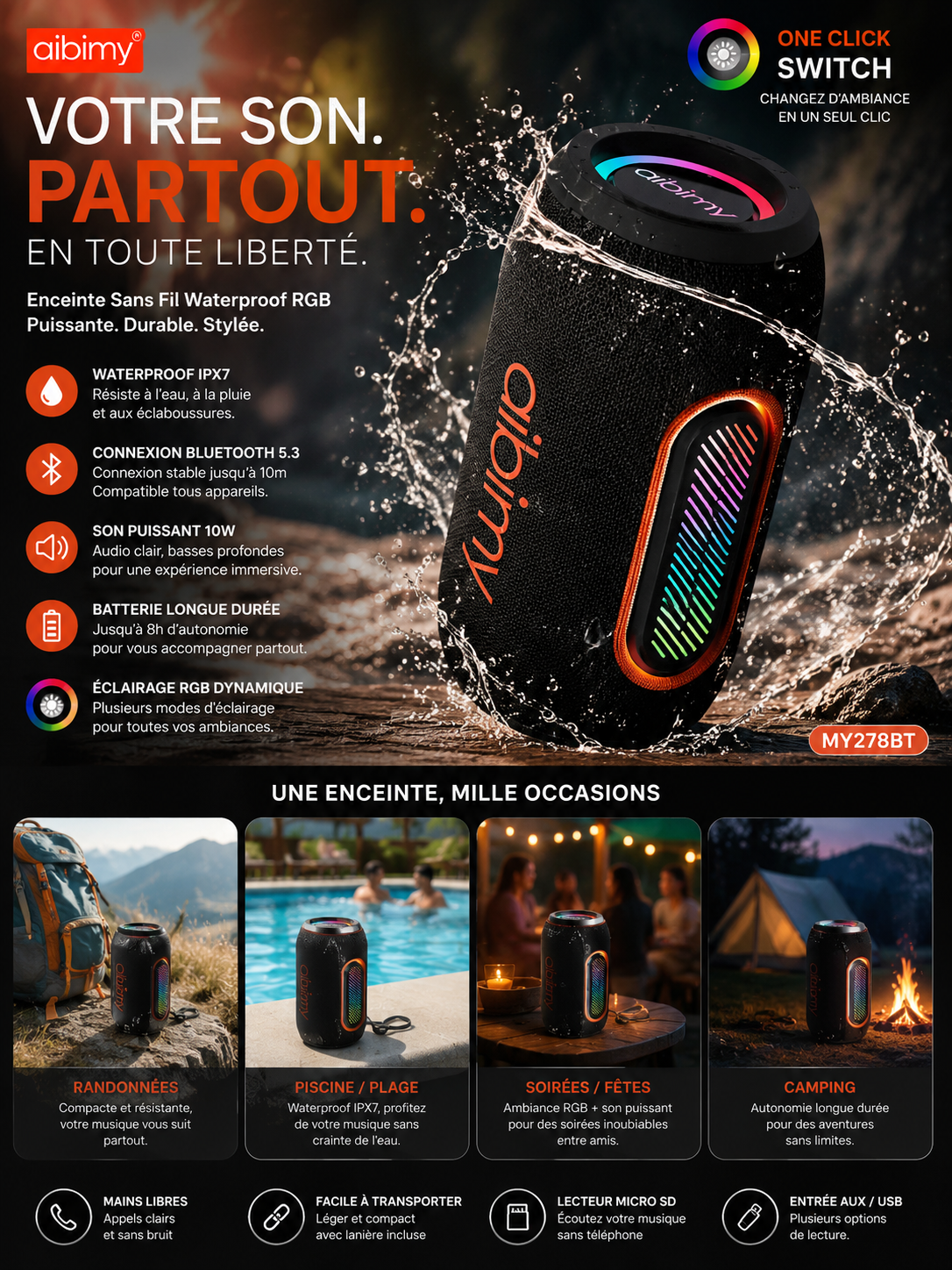 🎶 AIBIMY MY278BT – Enceinte Bluetooth Waterproof RGB 10W