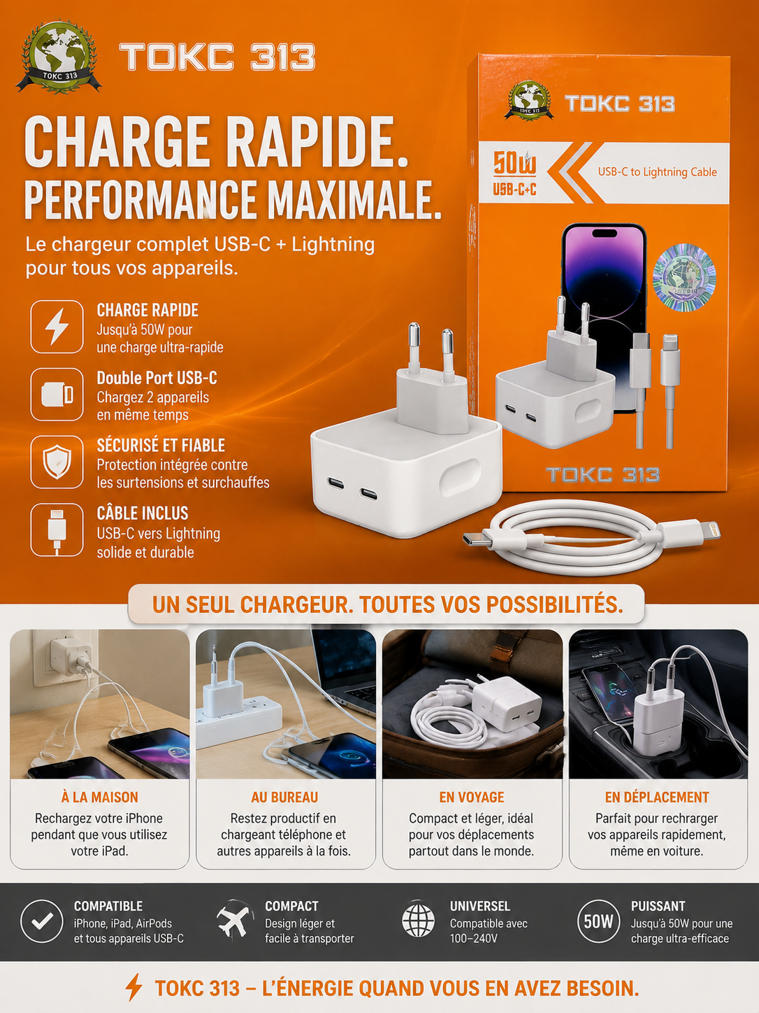 ⚡ TOKC 313 – Chargeur Rapide 50W