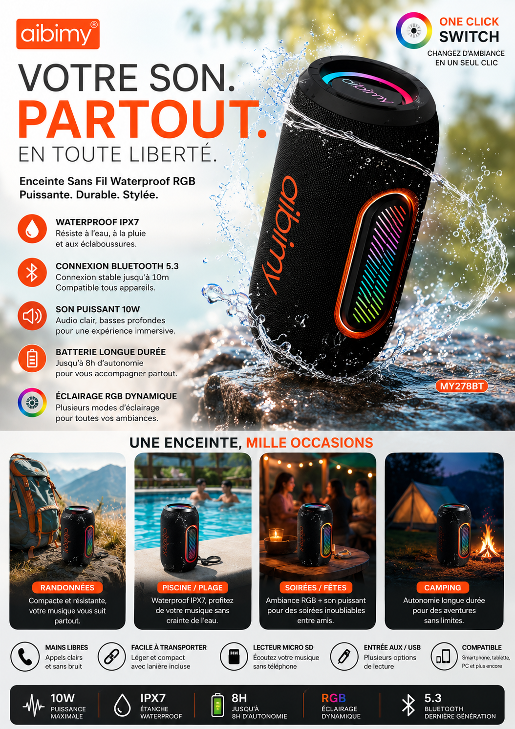 🎶 AIBIMY MY278BT – Enceinte Bluetooth Waterproof RGB 10W