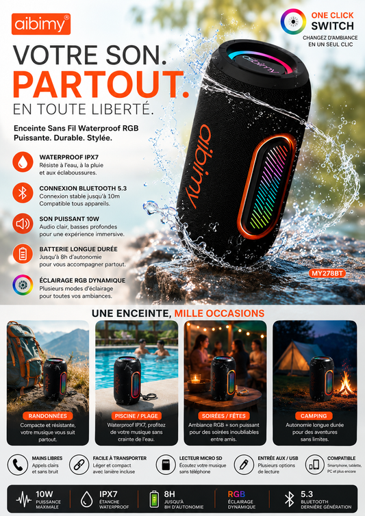 🎶 AIBIMY MY278BT – Enceinte Bluetooth Waterproof RGB 10W