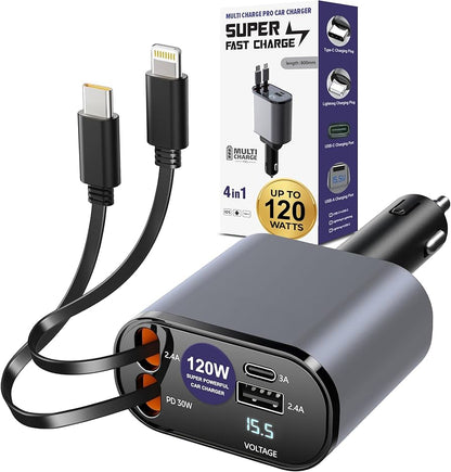 ⚡ CHARGEUR VOITURE RAPIDE 30W AVEC CÂBLES INTÉGRÉS TYPE-C & iPhone