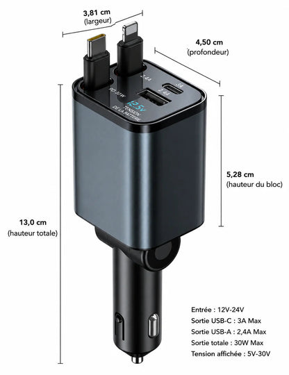 ⚡ CHARGEUR VOITURE RAPIDE 30W AVEC CÂBLES INTÉGRÉS TYPE-C & iPhone